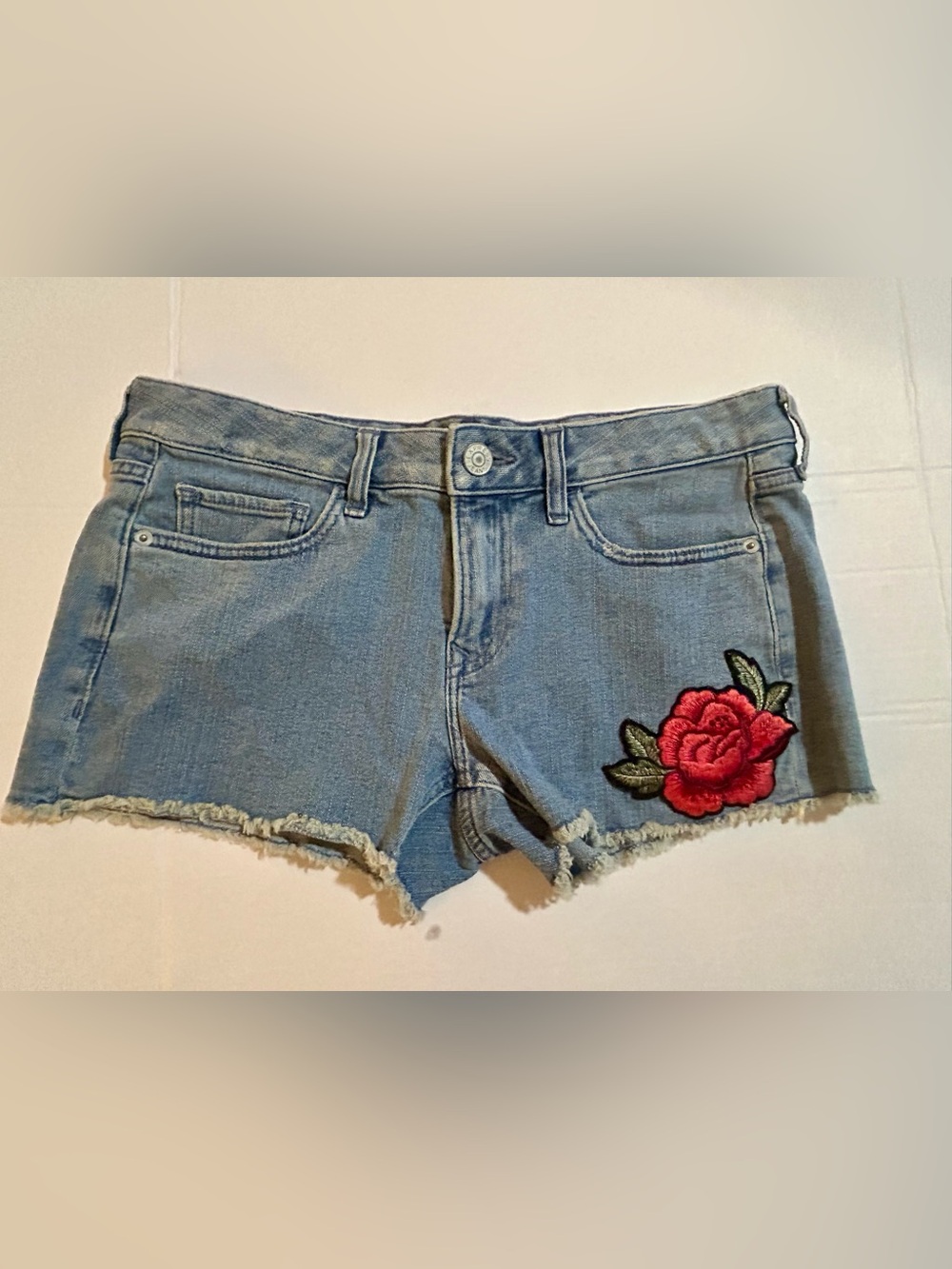 Express Low Rise Denim Embroidered Retro Shortie Shorts Size 6 Frayed Hem Rose